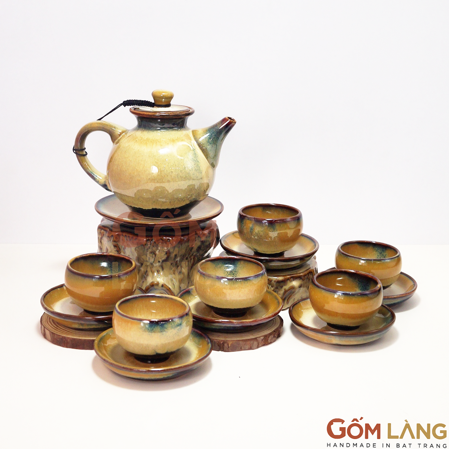 Bộ Ấm Chén Hoàng Kim 12 Món Men Hỏa Biến Bát Tràng Cao Cấp An Toàn Gốm Làng