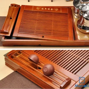 Bộ Khay Bàn Trà Điện Thông Minh Gỗ Tự Nhiên Họa Tiết Song Ngư Bọc Góc Cao Cấp