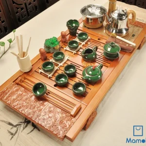 Bộ Bàn Trà Điện Thông Minh Gỗ Tự Nhiên Kèm Trọn Bộ Ấm Chén Tráng Men Xanh Ngọc Bích Cao Cấp