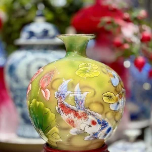 Bình Hút Lộc Phong Thủy Vẽ Hoa Sen & Cá Chép (Màu Xanh Ngọc)