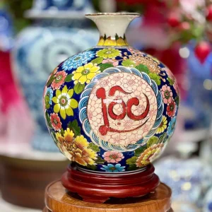 Bình Hút Lộc Phong Thủy Thư Pháp Chữ "Lộc" Nền Bách Hoa (Xanh Đậm)