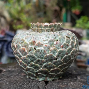 Bình Gốm Men Khô Hoa Nổi Xanh Rêu Dáng Bầu