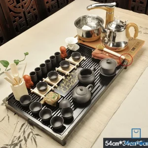 Bàn Trà Đạo Điện Khay Gỗ Đen Bọc Góc Kim Loại Kèm Ấm Chén