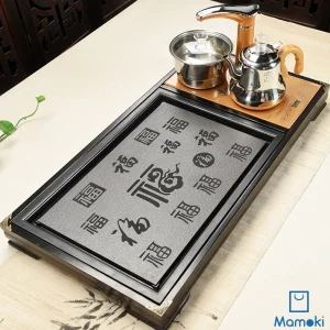Khay Bàn Trà Đạo Điện Thông Minh Khung Gỗ Mặt Đá Họa Tiết Bách Phúc Kèm Bếp Đun Tự Động