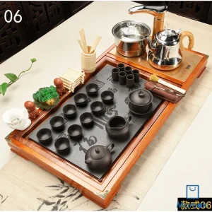 Bộ Bàn Trà Đạo Điện Thông Minh Khung Gỗ Nâu Đỏ Mặt Đá Kèm Trọn Bộ Ấm Chén Tử Sa Đen Nhám