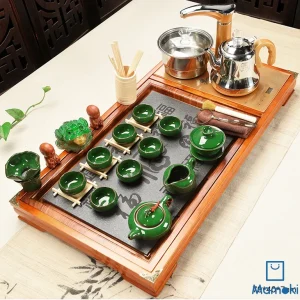 Bộ Bàn Trà Đạo Điện Thông Minh Khung Gỗ Nâu Đỏ Cỡ Lớn Mặt Đá Kèm Ấm Chén Sứ Xanh Ngọc Bích