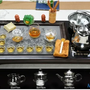 Bộ Bàn Trà Đạo Điện Thông Minh Khung Gỗ Mặt Đá Kèm Trọn Bộ Ấm Chén Thủy Tinh Chịu Nhiệt Cao Cấp
