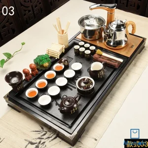 Bộ Bàn Trà Đạo Điện Thông Minh Khung Gỗ Đen Mặt Đá Kèm Ấm Chén Gốm Sứ Lòng Trắng Khắc Chữ Vàng