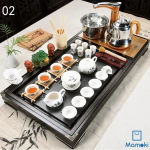 Bộ Bàn Trà Đạo Điện Thông Minh Khung Gỗ Đen Mặt Đá Kèm Ấm Chén Sứ Trắng Họa Tiết Sơn Thủy