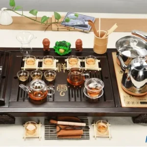 Bộ Bàn Trà Đạo Điện Thông Minh Khay Gỗ Chạm Khắc Kèm Ấm Chén Thủy Tinh Chịu Nhiệt Cao Cấp