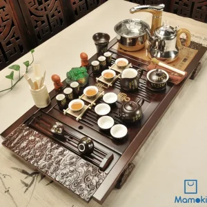 Bộ Bàn Trà Đạo Điện Thông Minh Khay Gỗ Tự Nhiên Kèm Ấm Chén Sứ Đen Chữ Vàng