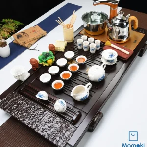Bộ Bàn Trà Đạo Điện Thông Minh Khay Gỗ Tự Nhiên Kèm Ấm Chén Sứ Trắng Hoa Văn Xanh Cổ Điển