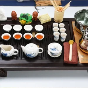 Bộ Bàn Trà Đạo Điện Thông Minh Gỗ Tự Nhiên Kèm Ấm Chén Sứ Trắng Hoa Văn Xanh Lam Độc Đáo