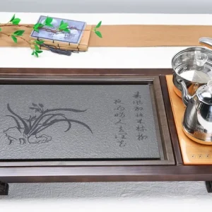 Khay Trà Đạo Khung Gỗ Mặt Đá Khắc Hoa Lan Kèm Bếp Điện Thông Minh Cao Cấp