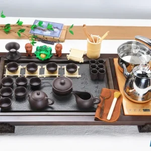 Bộ Bàn Trà Đạo Điện Thông Minh Khung Gỗ Mặt Đá Tự Nhiên Kèm Trọn Bộ Ấm Chén Tử Sa Bề Thế