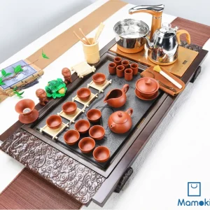 Bộ Bàn Trà Đạo Điện Thông Minh Khung Gỗ Mặt Đá Tự Nhiên Kèm Trọn Bộ Ấm Chén Tử Sa Màu Nâu Đỏ