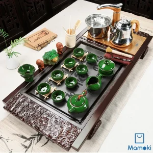 Bộ Bàn Trà Đạo Điện Thông Minh Khung Gỗ Mặt Đá Tự Nhiên Kèm Trọn Bộ Ấm Chén Tráng Men Xanh Ngọc Lục Bảo Cao Cấp