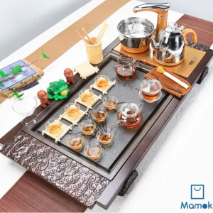 Bộ Bàn Trà Đạo Điện Thông Minh Khung Gỗ Mặt Đá Tự Nhiên Kèm Trọn Bộ Ấm Chén Thủy Tinh Chịu Nhiệt Cao Cấp