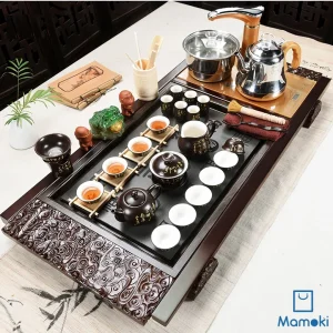 Bộ Bàn Trà Đạo Điện Thông Minh Khung Gỗ Mặt Đá Kèm Trọn Bộ Ấm Chén Sứ Đen Họa Tiết Thư Pháp Vàng