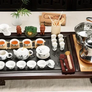 Bộ Bàn Trà Đạo Điện Thông Minh Khung Gỗ Mặt Đá Tự Nhiên Kèm Trọn Bộ Ấm Chén Sứ Trắng Họa Tiết Sơn Thủy