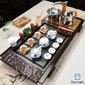 Bộ Bàn Trà Đạo Điện Thông Minh Khung Gỗ Mặt Đá Tự Nhiên Kèm Trọn Bộ Ấm Chén Sứ Thanh Hoa Thấu Quang Cao Cấp