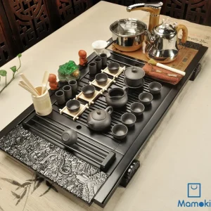 Bộ Bàn Trà Đạo Điện Thông Minh Khay Khắc Rồng Uy Nghi Kèm Trọn Bộ Ấm Chén Tử Sa Đen Nhám Cao Cấp