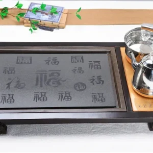 Khay Bàn Trà Đạo Điện Thông Minh Khung Gỗ Mặt Đá Tự Nhiên Điêu Khắc Họa Tiết Bách Phúc Tích Hợp Bếp Tự Động