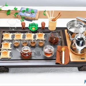 Bộ Bàn Trà Đạo Điện Thông Minh Khung Gỗ Mặt Đá Bách Phúc Kèm Trọn Bộ Ấm Chén Thủy Tinh Chịu Nhiệt Cao Cấp