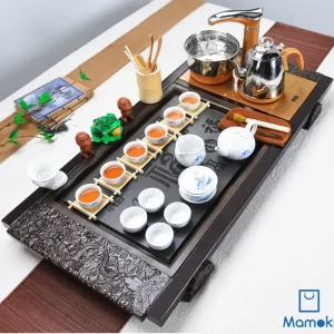 Bộ Bàn Trà Đạo Điện Thông Minh Khung Gỗ Mặt Đá Bách Phúc Kèm Trọn Bộ Ấm Chén Sứ Trắng Hoa Sen Xanh