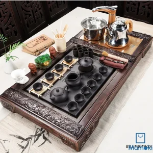 Bộ Bàn Trà Đạo Điện Thông Minh Khung Gỗ Mặt Đá Bách Phúc Kèm Trọn Bộ Ấm Chén Sứ Men Đen Nhám Cao Cấp