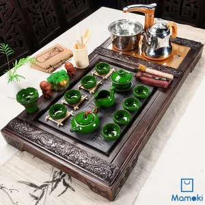 Bộ Bàn Trà Đạo Điện Thông Minh Khung Gỗ Mặt Đá Bách Phúc Kèm Trọn Bộ Ấm Chén Sứ Men Xanh Ngọc Lục Bảo Cao Cấp