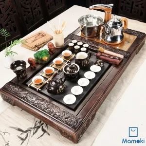 Bộ Bàn Trà Đạo Điện Thông Minh Khung Gỗ Mặt Đá Bách Phúc Kèm Trọn Bộ Ấm Chén Sứ Đen Chữ Vàng Lòng Trắng Cao Cấp