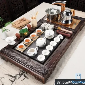 Bộ Bàn Trà Đạo Điện Thông Minh Khung Gỗ Mặt Đá Bách Phúc Kèm Trọn Bộ Ấm Chén Sứ Trắng Họa Tiết Sơn Thủy Cao Cấp