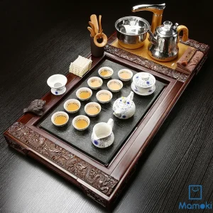 Bộ Bàn Trà Đạo Điện Thông Minh Khung Gỗ Mặt Đá Bách Phúc Kèm Trọn Bộ Ấm Chén Sứ Xanh Lam Thấu Quang Cao Cấp