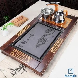 Khay Bàn Trà Đạo Điện Thông Minh Khung Gỗ Họa Tiết Vạn Thọ Mặt Đá Khắc Như Ý Cao Cấp
