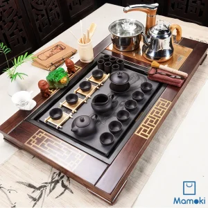 Bộ Bàn Trà Đạo Điện Thông Minh Khung Gỗ Khảm Cổ Điển Mặt Đá Khắc Như Ý Kèm Trọn Bộ Ấm Chén Tử Sa Đen Nhám