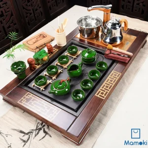Bộ Bàn Trà Đạo Điện Thông Minh Khung Gỗ Khảm Cổ Điển Mặt Đá Khắc Như Ý Kèm Trọn Bộ Ấm Chén Sứ Men Xanh Ngọc Lục Bảo Cao Cấp
