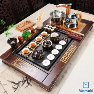 Bộ Bàn Trà Đạo Điện Thông Minh Khung Gỗ Khảm Cổ Điển Mặt Đá Khắc Như Ý Kèm Trọn Bộ Ấm Chén Sứ Đen Chữ Vàng Lòng Trắng Cao Cấp