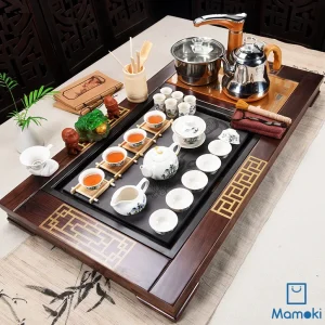 Bộ Bàn Trà Đạo Điện Thông Minh Khung Gỗ Khảm Cổ Điển Mặt Đá Khắc Như Ý Kèm Trọn Bộ Ấm Chén Sứ Trắng Họa Tiết Sơn Thủy Cao Cấp