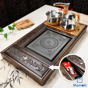 Khay Bàn Trà Đạo Điện Thông Minh Khung Gỗ Chạm Khắc Có Ngăn Kéo Mặt Đá Họa Tiết Vòng Tròn Phúc Lộc Cao Cấp