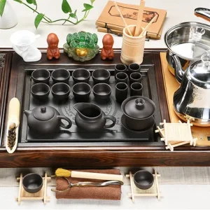 Bộ Bàn Trà Đạo Điện Thông Minh Khung Gỗ Chạm Khắc Có Ngăn Kéo Mặt Đá Họa Tiết Vòng Tròn Kèm Trọn Bộ Ấm Chén Tử Sa Đen Nhám Cao Cấp