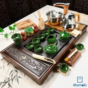 Bộ Bàn Trà Đạo Điện Thông Minh Khung Gỗ Chạm Khắc Có Ngăn Kéo Mặt Đá Họa Tiết Vòng Tròn Kèm Trọn Bộ Ấm Chén Sứ Men Xanh Ngọc Lục Bảo Cao Cấp