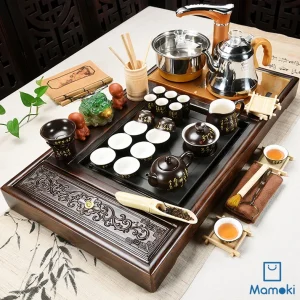 Bộ Bàn Trà Đạo Điện Thông Minh Khung Gỗ Chạm Khắc Có Ngăn Kéo Mặt Đá Họa Tiết Vòng Tròn Kèm Trọn Bộ Ấm Chén Sứ Đen Chữ Vàng Lòng Trắng Cao Cấp
