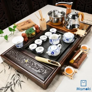Bộ Bàn Trà Đạo Điện Thông Minh Khung Gỗ Chạm Khắc Có Ngăn Kéo Mặt Đá Họa Tiết Vòng Tròn Kèm Trọn Bộ Ấm Chén Sứ Xanh Lam Thấu Quang Cao Cấp