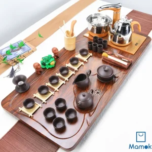 Bộ Bàn Trà Đạo Điện Thông Minh Khay Gỗ Tự Nhiên Vân Mây Kèm Trọn Bộ Ấm Chén Tử Sa Đen Nhám Cao Cấp