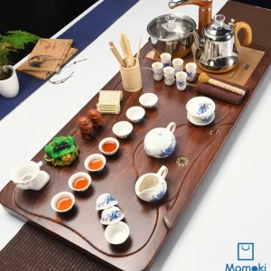 Bộ Bàn Trà Đạo Điện Thông Minh Khay Gỗ Tự Nhiên Vân Mây Kèm Trọn Bộ Ấm Chén Sứ Trắng Họa Tiết Hoa Sen Xanh Cao Cấp