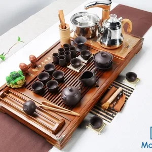 Bộ Bàn Trà Đạo Điện Thông Minh Khay Gỗ Tự Nhiên Nan Thưa Kèm Trọn Bộ Ấm Chén Tử Sa Đen Nhám Cao Cấp