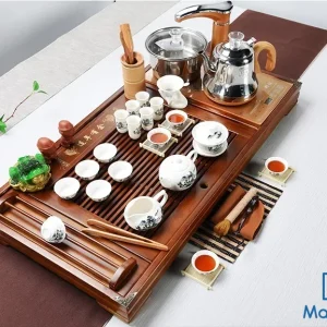 Bộ Bàn Trà Đạo Thông Minh Khay Gỗ Tự Nhiên Nan Thưa Kèm Trọn Bộ Ấm Chén Sứ Trắng Họa Tiết Sơn Thủy Cao Cấp