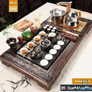 Bộ Bàn Trà Đạo Thông Minh Khung Gỗ Chạm Khắc Rồng Mặt Đá Tự Nhiên Kèm Trọn Bộ Ấm Chén Sứ Đen Chữ Vàng Lòng Trắng Cao Cấp (Mã B105)