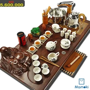 Bộ Bàn Trà Đạo Thông Minh Khay Gỗ Tự Nhiên Vân Mây Tích Hợp Tượng Phật Di Lặc Kèm Trọn Bộ Ấm Chén Sứ Trắng Họa Tiết Sơn Thủy Cao Cấp (Mã A02)